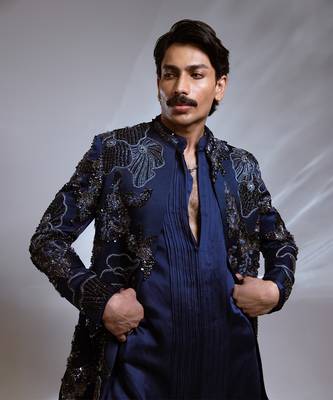 Prussian blue embroidered linen satin achkan kurta set 3
