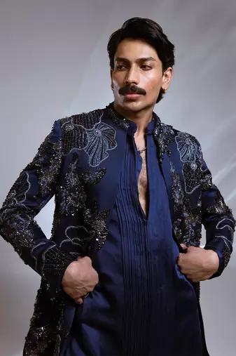 Prussian blue embroidered linen satin achkan kurta set
