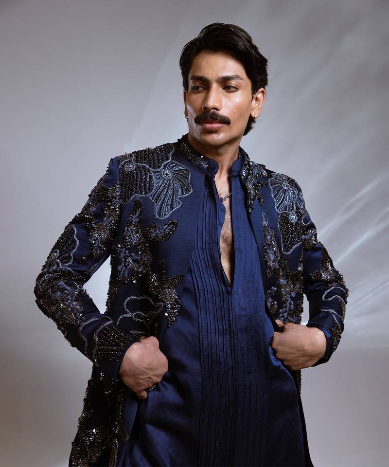 Prussian blue embroidered linen satin achkan kurta set
