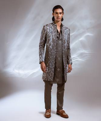 Moss grey embroidered linen satin achkan kurta set 1