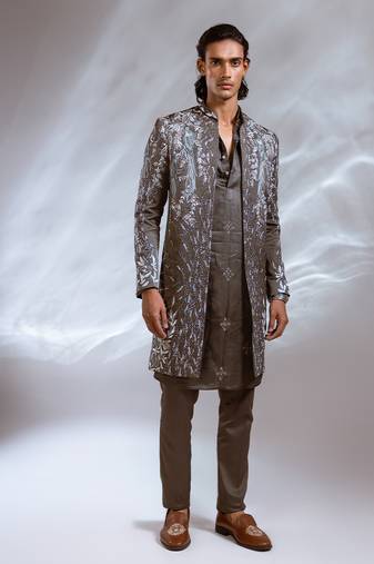 Moss grey embroidered linen satin achkan kurta set