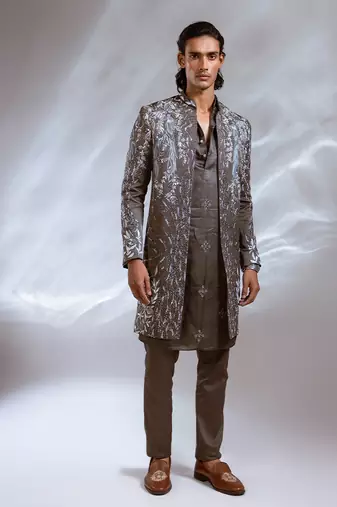 Moss grey embroidered linen satin achkan kurta set