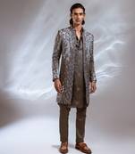Moss grey embroidered linen satin achkan kurta set