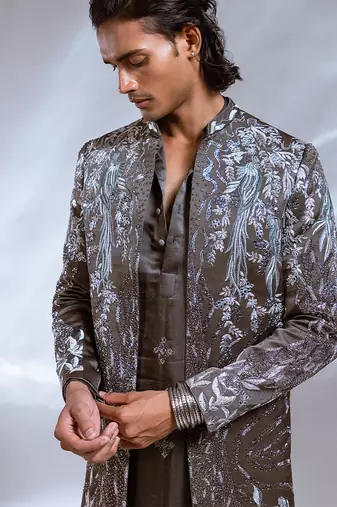 Moss grey embroidered linen satin achkan kurta set
