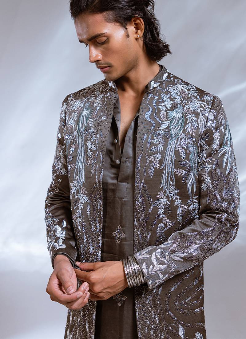 Moss grey embroidered linen satin achkan kurta set