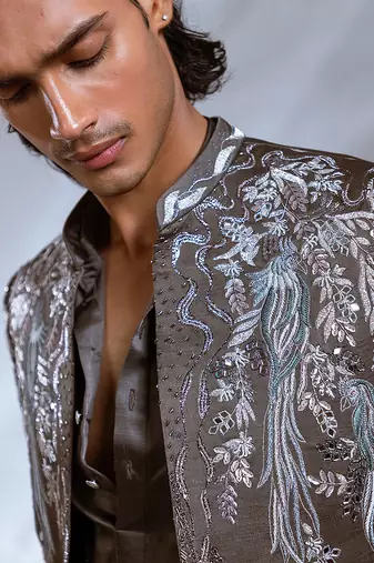 Moss grey embroidered linen satin achkan kurta set
