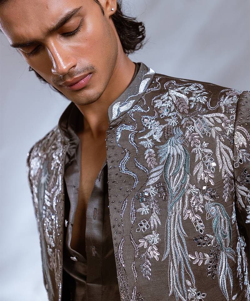 Moss grey embroidered linen satin achkan kurta set