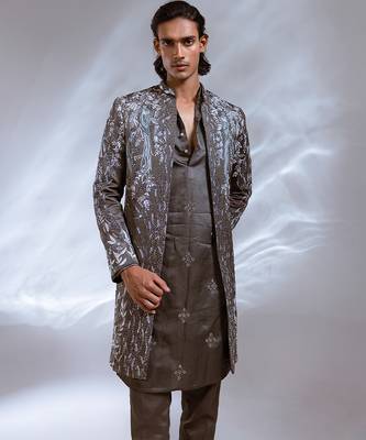 Moss grey embroidered linen satin achkan kurta set 4