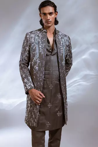 Moss grey embroidered linen satin achkan kurta set