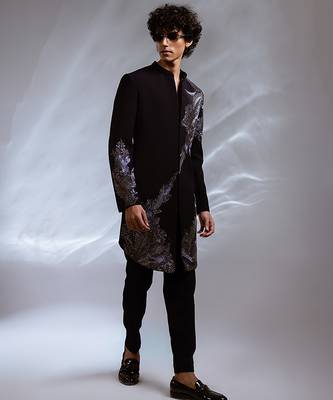 Navy blue embroidered lycra achkan set 1