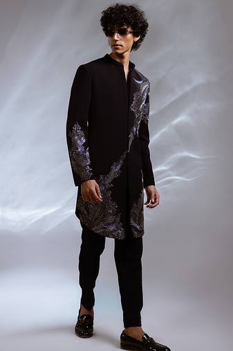 Navy blue embroidered lycra achkan set