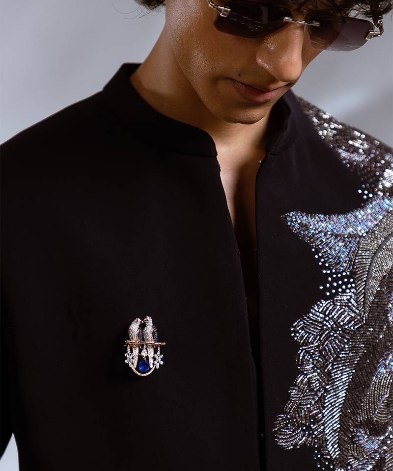 Navy blue embroidered lycra achkan set