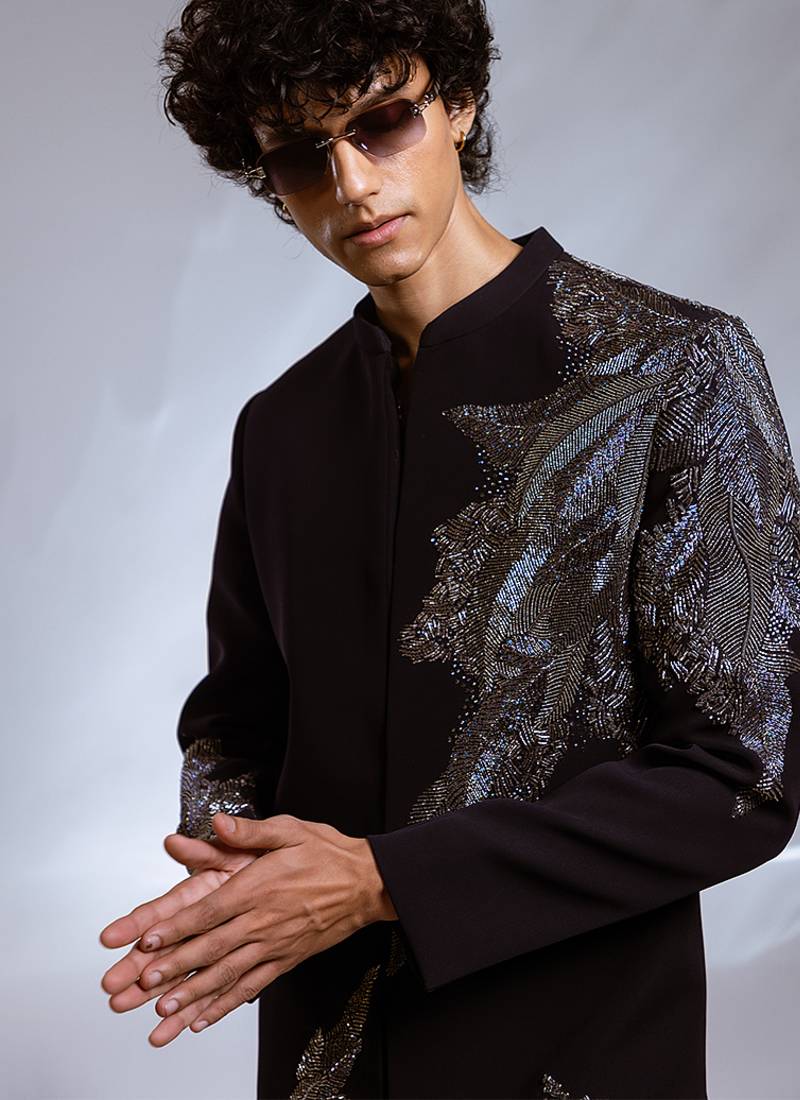 Navy blue embroidered lycra achkan set