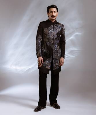 Black embroidered linen satin achkan set 1