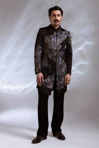 Black embroidered linen satin achkan set