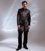 Black embroidered linen satin achkan set