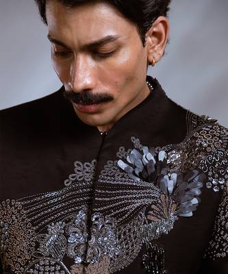 Black embroidered linen satin achkan set 2