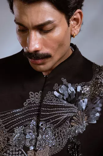 Black embroidered linen satin achkan set