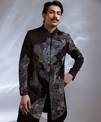Black embroidered linen satin achkan set 3