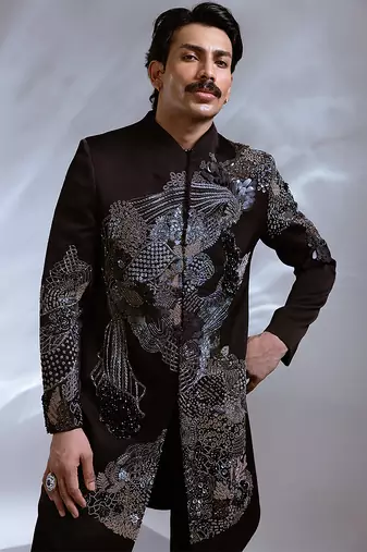 Black embroidered linen satin achkan set
