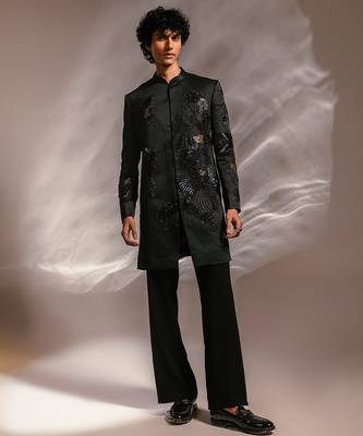 Dark green embroidered linen satin achkan set 1