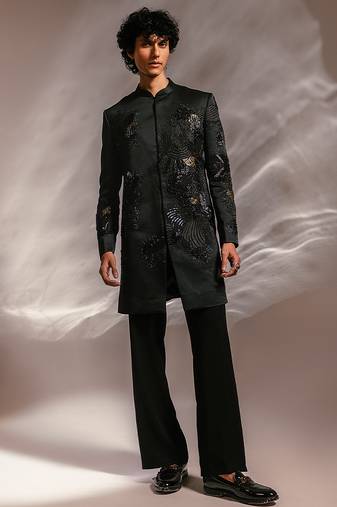 Dark green embroidered linen satin achkan set