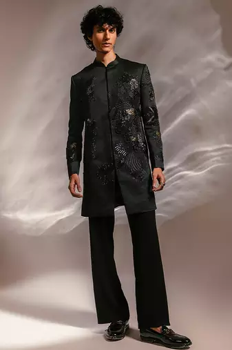 Dark green embroidered linen satin achkan set