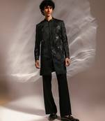 Dark green embroidered linen satin achkan set