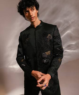 Dark green embroidered linen satin achkan set 2