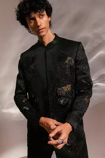 Dark green embroidered linen satin achkan set