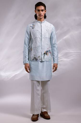 Ice blue embroidered bemberg silk kurta jacket set