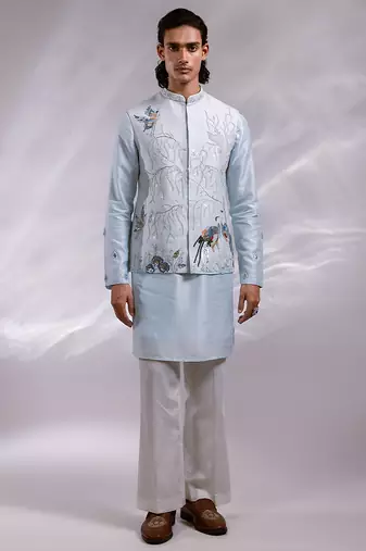 Ice blue embroidered bemberg silk kurta jacket set