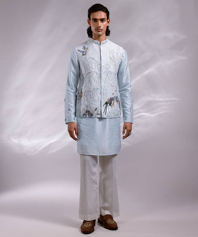 Ice blue embroidered bemberg silk kurta jacket set