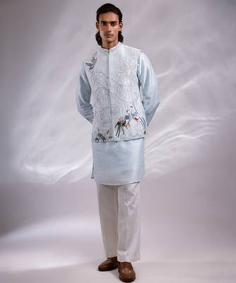 Ice blue embroidered bemberg silk kurta jacket set 2