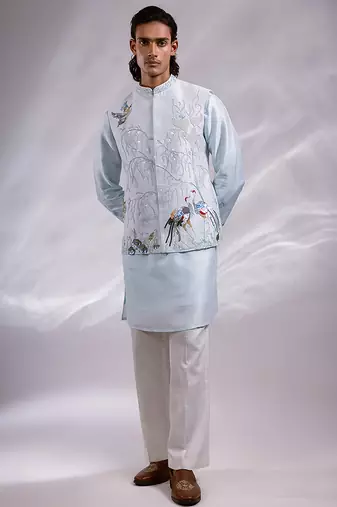 Ice blue embroidered bemberg silk kurta jacket set