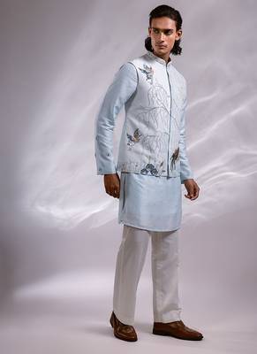 Ice blue embroidered bemberg silk kurta jacket set 3