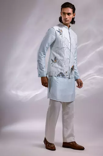 Ice blue embroidered bemberg silk kurta jacket set