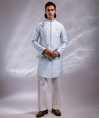 Ice blue embroidered bemberg silk kurta jacket set 4