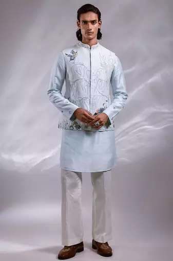 Ice blue embroidered bemberg silk kurta jacket set
