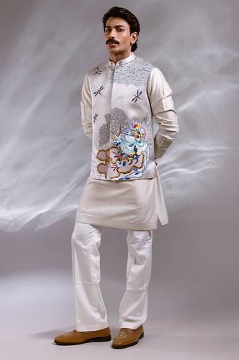 Ice grey embroidered raw silk satin kurta jacket set
