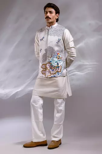 Ice grey embroidered raw silk satin kurta jacket set