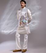 Ice grey embroidered raw silk satin kurta jacket set