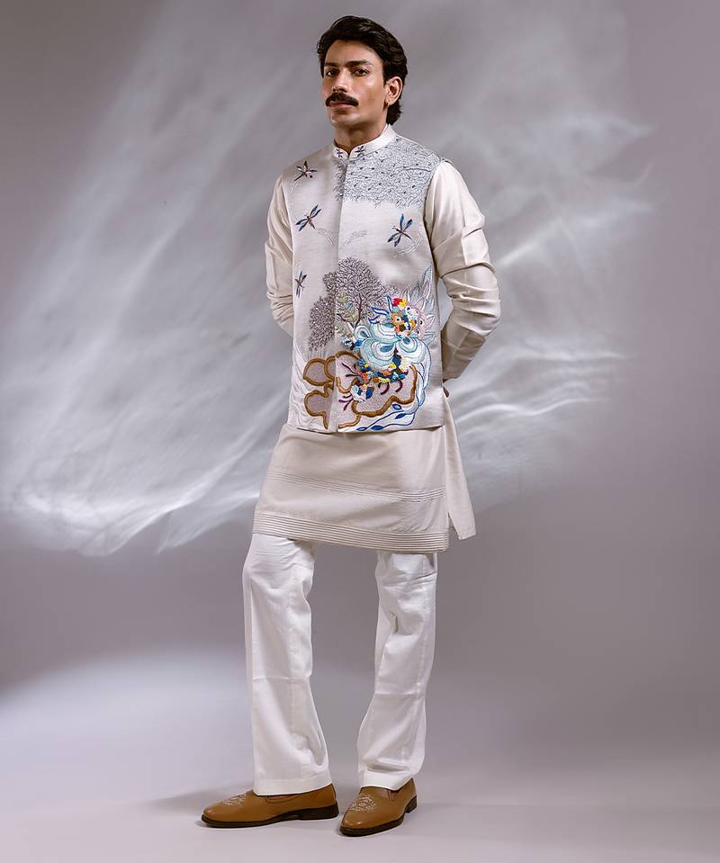 Ice grey embroidered raw silk satin kurta jacket set