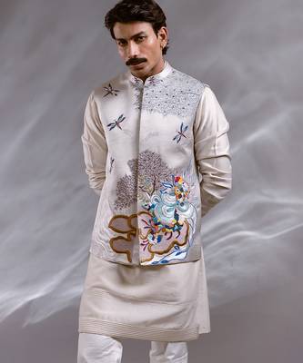Ice grey embroidered raw silk satin kurta jacket set 2