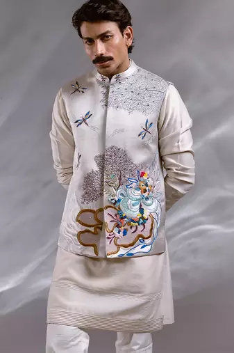 Ice grey embroidered raw silk satin kurta jacket set