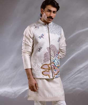Ice grey embroidered raw silk satin kurta jacket set 3
