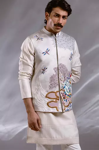 Ice grey embroidered raw silk satin kurta jacket set