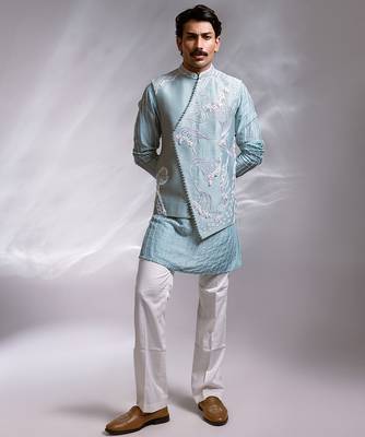 Ice blue embroidered chanderi bemberg silk kurta jacket set 1