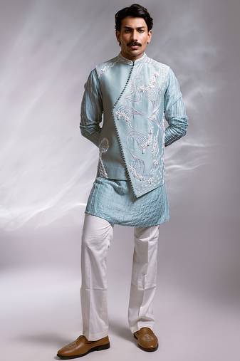 Ice blue embroidered chanderi bemberg silk kurta jacket set
