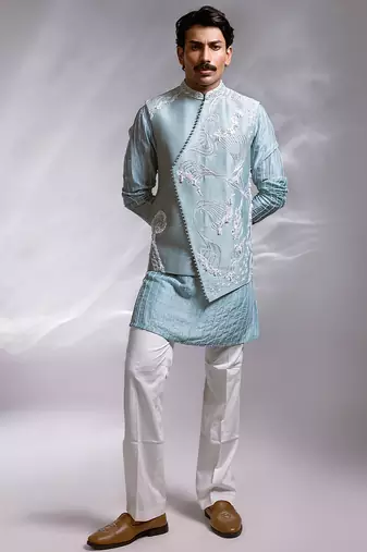 Ice blue embroidered chanderi bemberg silk kurta jacket set